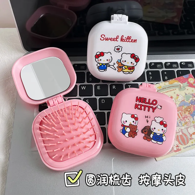 Kawaii Foldable Air Cushion Comb with Mirror – Mini Portable Travel Hairbrush, 2-in-1 Compact Detangling Brush with Soft Massage Bristles, Cute Pocket Hair Comb for Purse & Bag